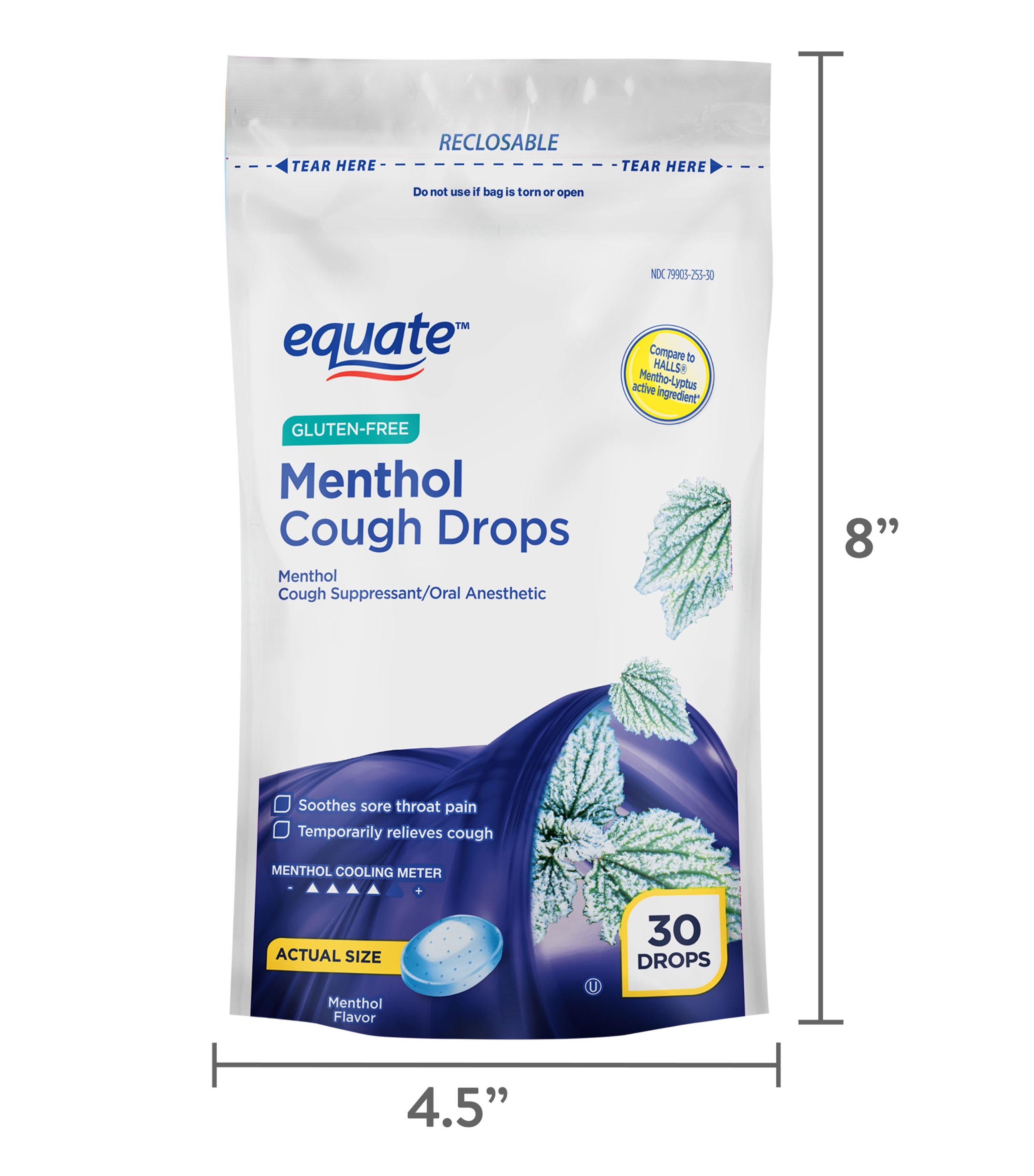 Equate Gluten-Free Menthol Cough Drops, Menthol Flavor, 30 Count, Compare  to HALLS® MenthoLyptus Active Ingredient