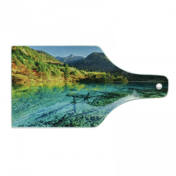 Nature Cutting Board, Idyllic Mountain Creek Crystal Water Forest Pastoral Rural Landscape, Tempered Glass Cutting and Serving Board, Wine Bottle Shape, Teal Fern Green Marigold, by Ambesonne