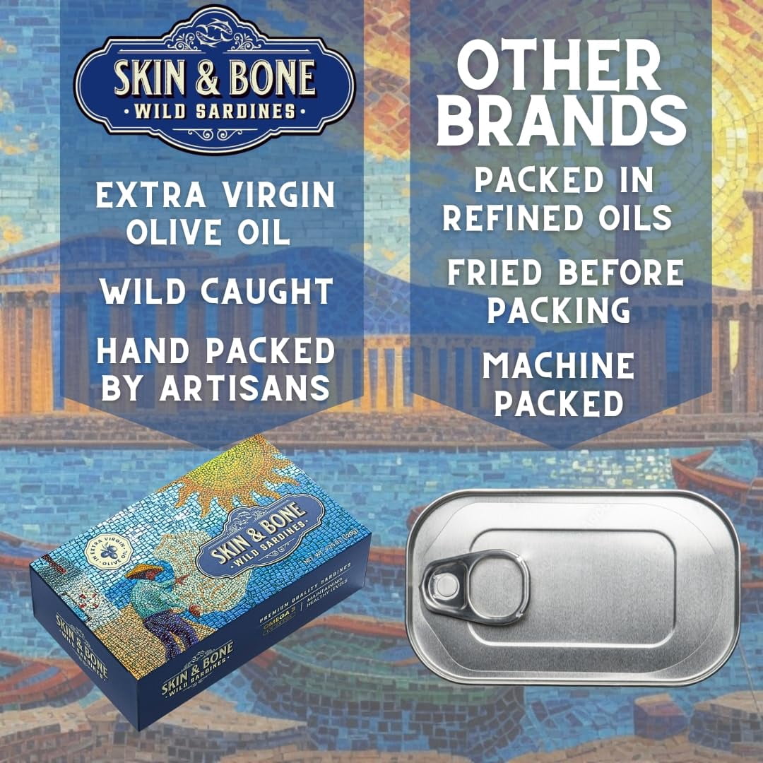 Skin & Bone Wild Caught Portugese Sardines in Extra Virgin Olive Oil, Pack of 12, 4.25oz. Handpacked, Wild Caught