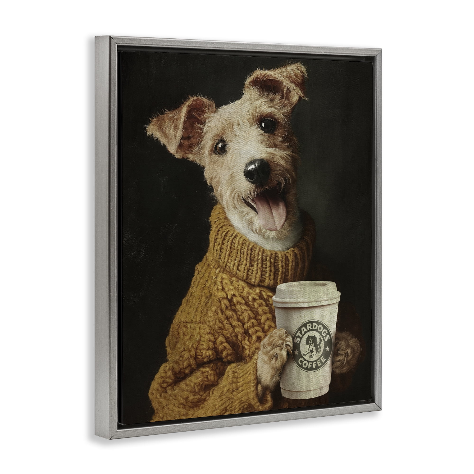 Stupell Industries Latte Lover Dog in Sweater Gray Framed Floater Canvas Wall Art, design by Svetlana Aleynikova