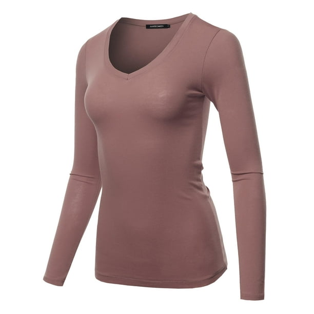 FashionOutfit - FashionOutfit Women's Light weight Daily Casual Basic Long Sleeve V neck Tee 