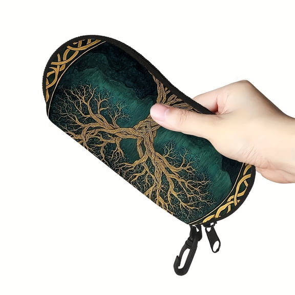 1pc Ultra-Light Eyewear Case with Tree of Life Design - Black & Golden, Durable Zipper Closure, Perfect for Glasses & Reading Glasses, Ideal for Travel & Sports, Glasses Cas