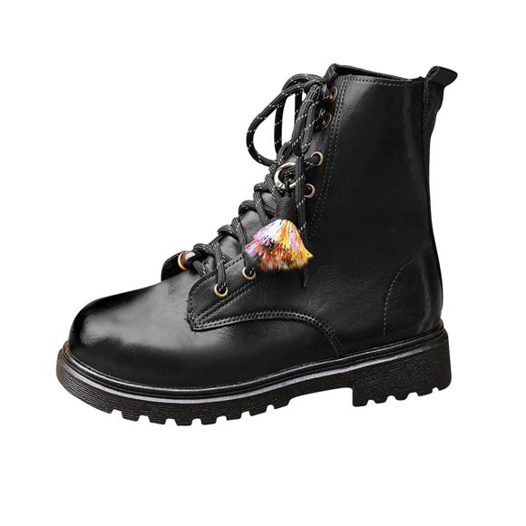 Lovzfmll Ankle Boots for Women, Winter Riding Boots Waterproof Military Leather, Slip Resistant Chunky Heel Round Toe Tassel Casual Fall Chunky Black Boots