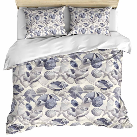 Vintage Coastal Bedding 3 Piece Duvet Cover Set Queen Size, Blue Grey Starfish Shell Conch Soft Microfiber Comforter Cover with Zipper Closure & Pillowcases, Wrinkle & FadeResistant Quilt Cover