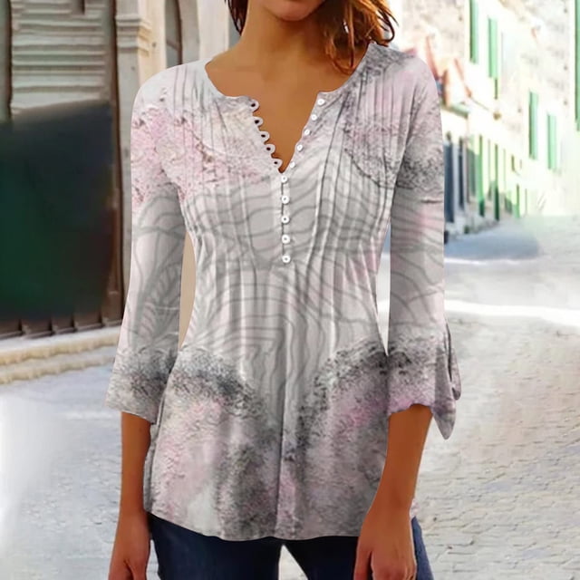 DPTALR Tunique Corset Basique à Manches 3/4 Évasées Imprimée Boutonnée Froncée Décontractée pour Femmes T-shirts Plissés Blouses