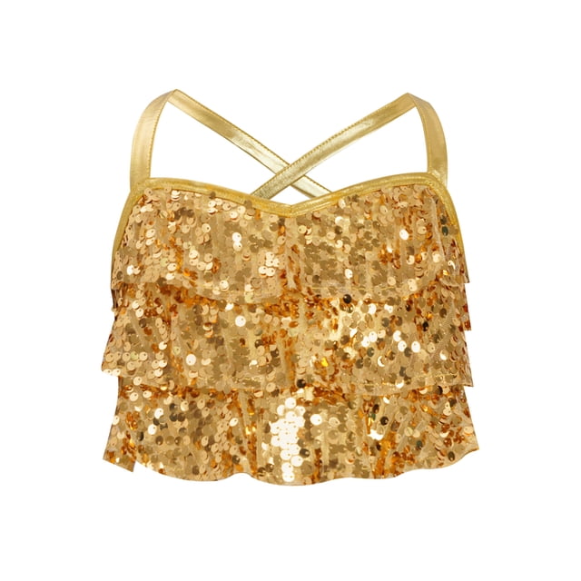 dPois Kids Girls Sparkly Sleeveless Halter Ruffled Tank Tops Camisole Latin Jazz Hip Hop Ballet Gold 12