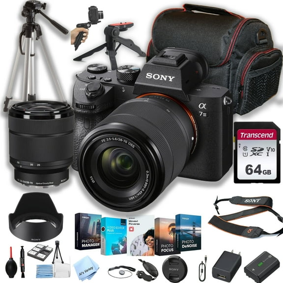 Sony a7 III Mirrorless Digital Camera with 28-70mm Lens   64GB Memory   Case  Steady Grip Pod   Tripod  Software Pack   More (30pc Bundle) (International Version)
