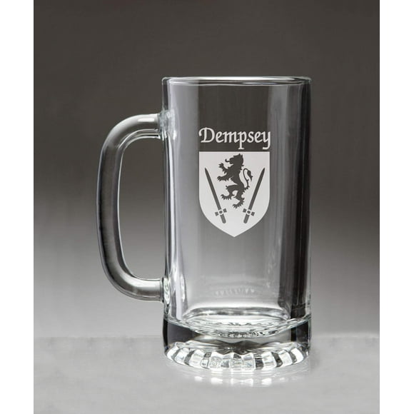 Dempsey Irish Coat of Arms Glass Beer Mug (Sand Etched)