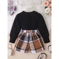thumbnail image 4 of Pudcoco Kids Girl Fall Outfits Solid Color Square Neck Long Sleeve Tops Buttons Mini Plaid Skirts 2Pcs Clothes Set, 4 of 8
