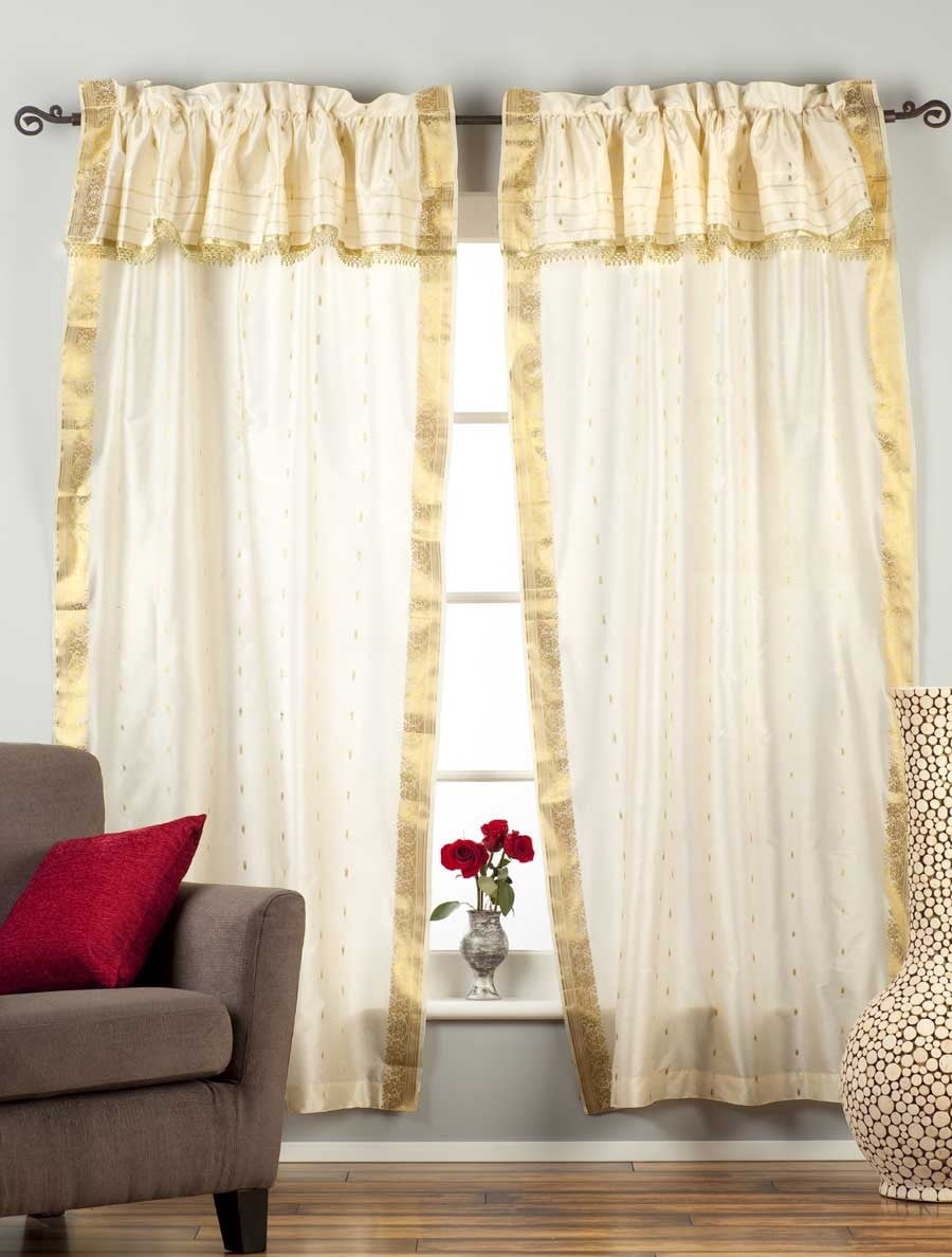 Lined 2 Gypsy Rod Pocket Curtains w/ Beaded Valance 2 Tiebacks Cream 60W X 108L