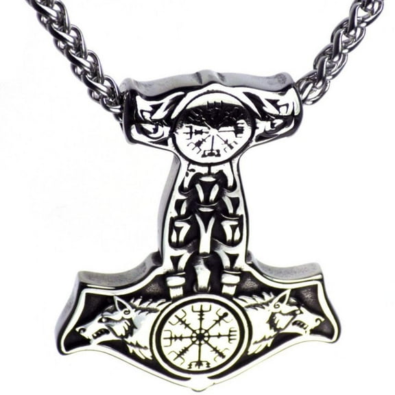 Norse Wolf Thors Hammer Necklace Stainless Steel Viking Vegvisir Mjolnir Pendant