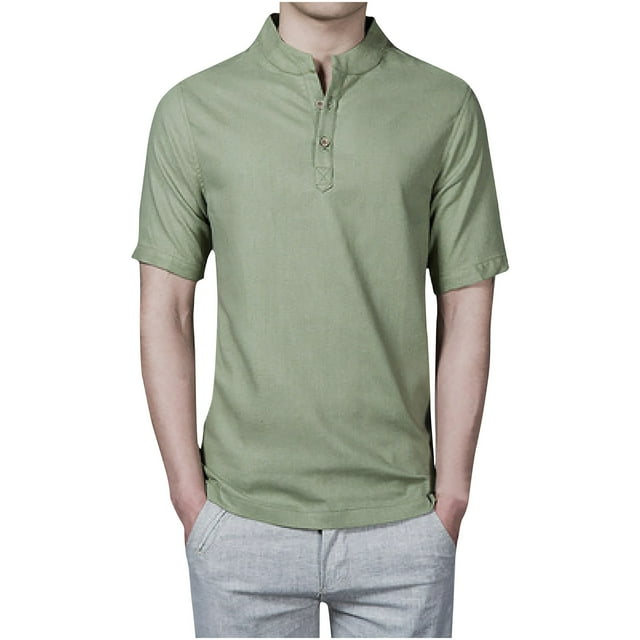 Besolor Summer Shirts for Men Stand Collar Buttton Short Sleeve Tops Casual Solid Color Plus Size Blouse Tees