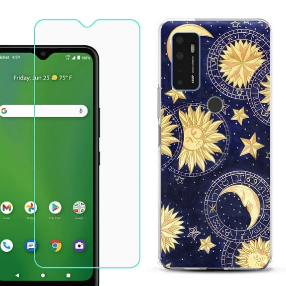 Shockproof Bumper Phone Case for AT&T Radiant Max 5G / Fusion 5G, with Tempered Glass Screen Protector, by OneToughShield ® - Moon Sun Star