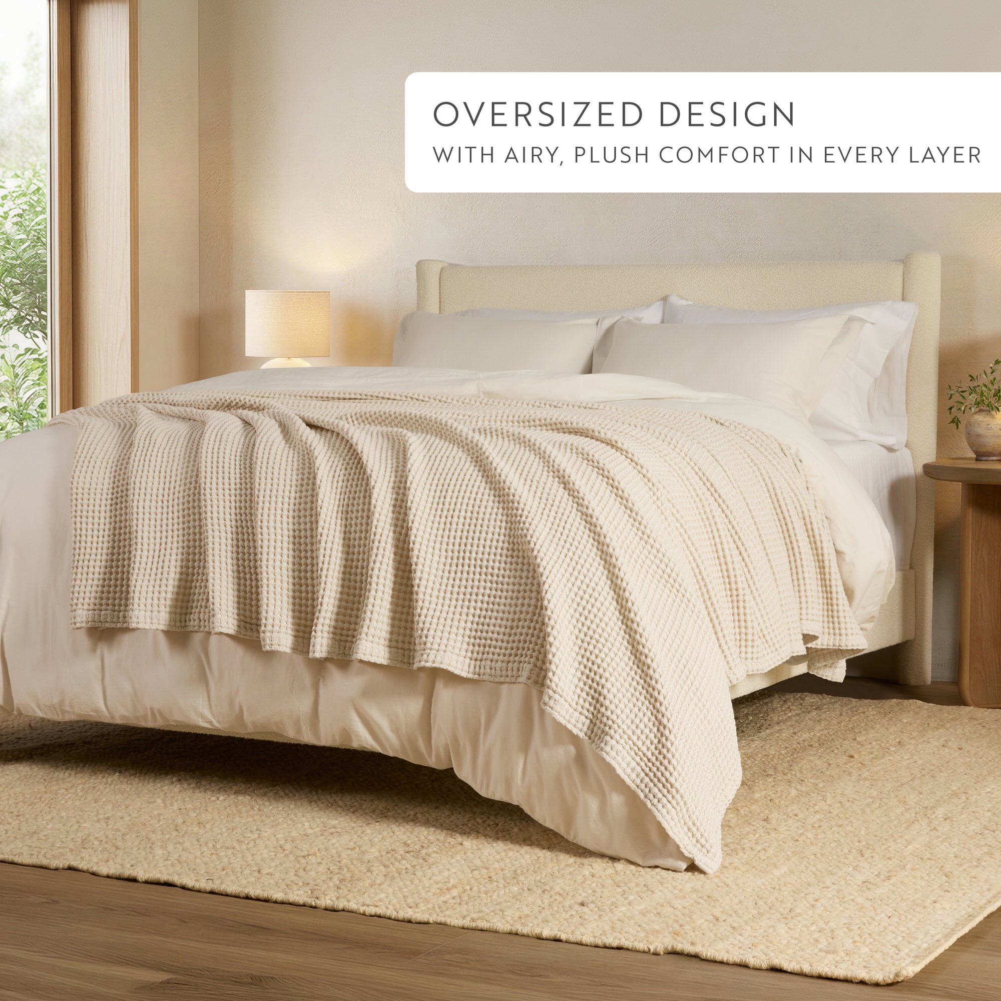 Noble Linens 100% Cotton Waffle Texture Bed Blanket, Natural, King/Cal King