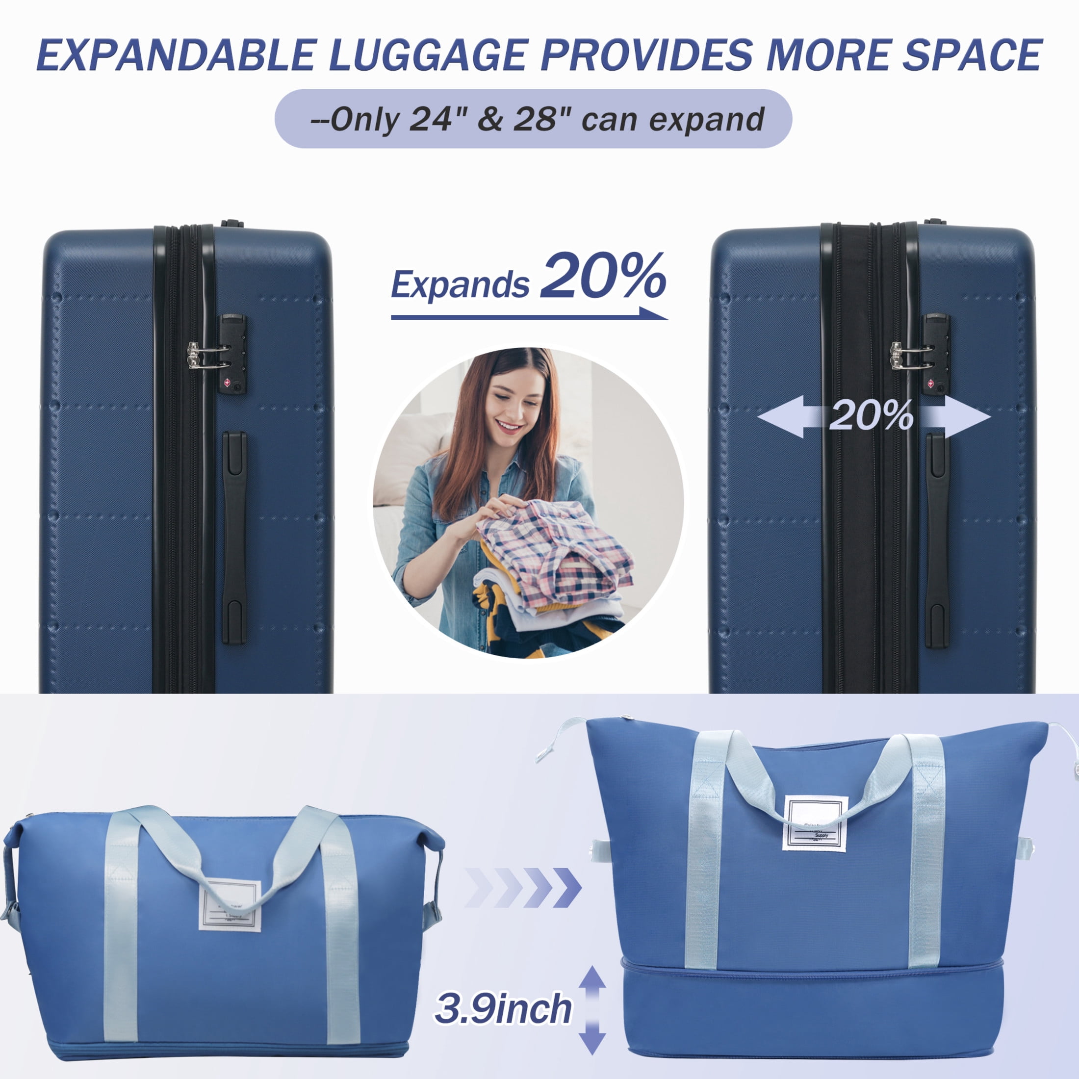 GDF Studio 5-Piece Hardside Luggage Set, Carry-On Suitcase with USB Port and Checked Bags, Spinner Wheels, Blue