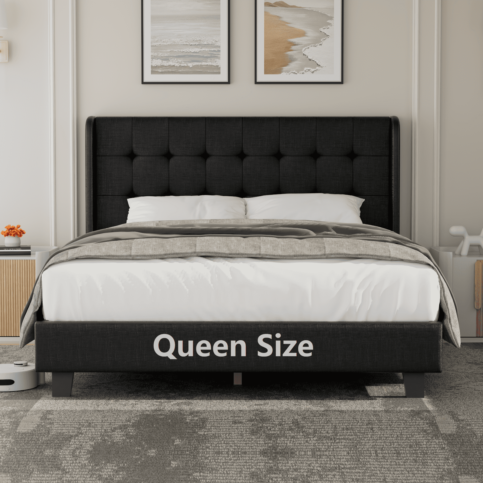Nathaniel Home Cotton Linen Tufted Upholstered Bed, Queen Platform Bed Frame, Low Profile Platform Beds Strong Wooden Slats, Adult Black