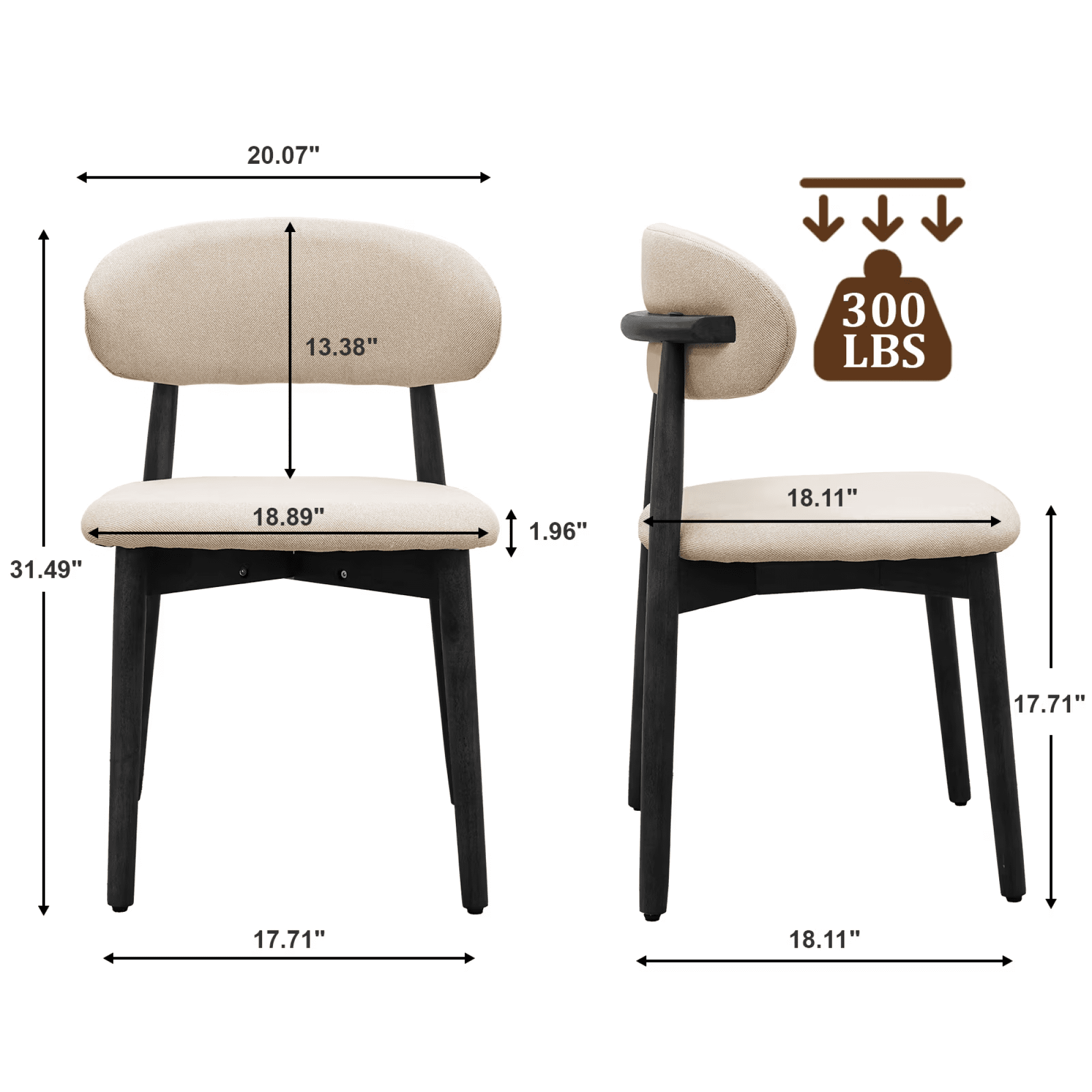 Leumius Set of 4 Cotton-Linen Fabric Upholstered Dining Chair with Black Solid Wood Legs, Armless Chair for Kitchen Restaurant Living Meeting Room