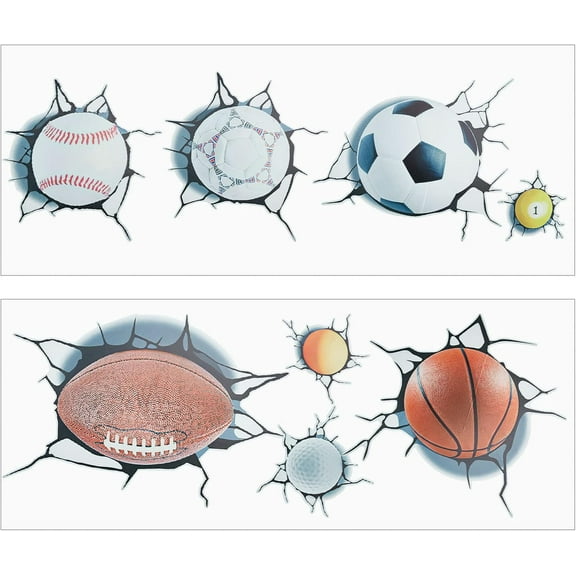 1 Set 2 Sheets 3D Sport Balls Wall Decals Break Through The Wall Removable Vinyl DIY Wall Stickers Sports Peel and Stick Football Rugby Wall Decor for Classroom Playroom Bedroom (26×70cm)