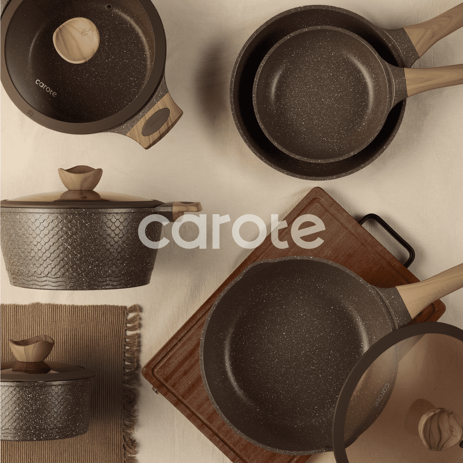 Carote 18-Piece Nonstick Pots and Pans, Granite Cookware Set with Kitchen Utensils, Brown