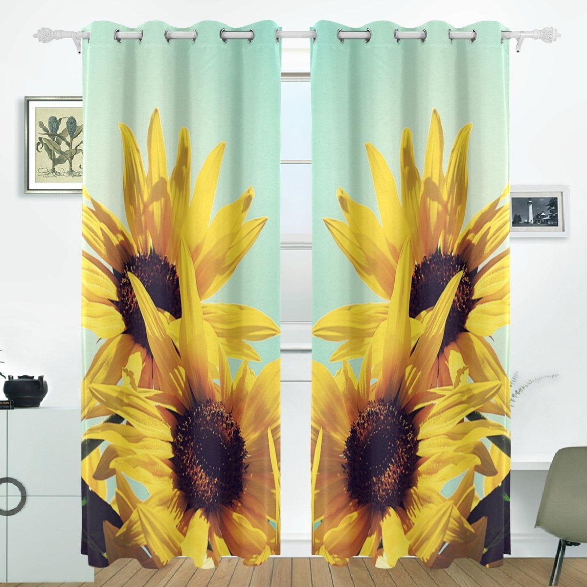3D Curtain Blockout Drapes Fabric Sunflower Flower Field Window Photo Print 