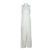 Adrianna Papell One Shoulder Pleated Flared Legs Crepe Jumpsuit-IVORY / 14