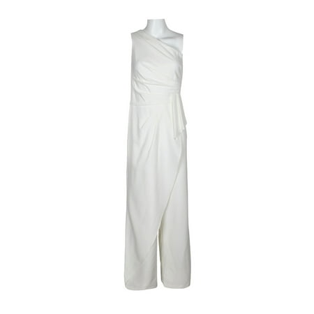 Adrianna Papell One Shoulder Pleated Flared Legs Crepe Jumpsuit-IVORY / 14