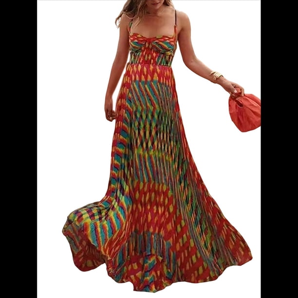 Vestido Plisado Informal Sin Mangas con Tirantes y Cuello en V para Mujer Rojo S