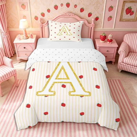 Meiyoeat Cute Gold Letter A Twin Duvet Cover, Strawberry Stripe Print Twin Bedding, Beige Red,2pcs,No Comforter