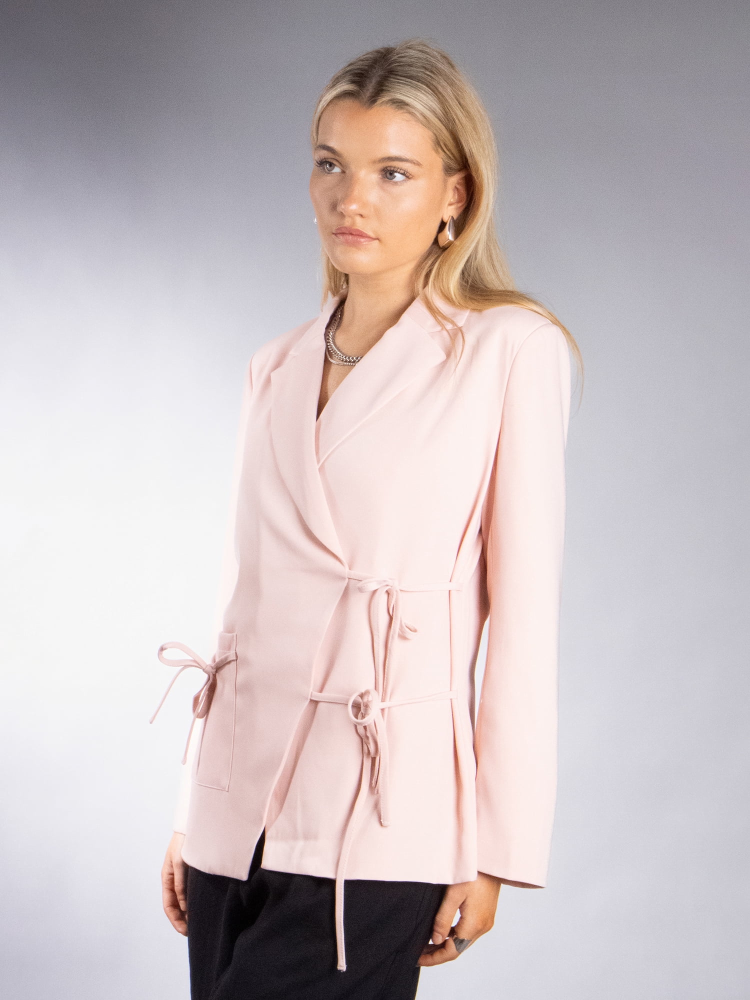 DARING DIVA Women's Elegant Double Tie Wrap Blazer L Baby Pink