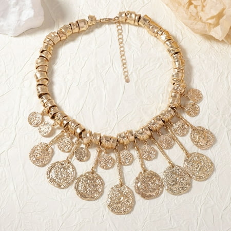 Vintage Trendy Irregular Geometric Coin Tassel Pendant Necklace for Women Handmade Choker Jewelry Neck Accessories