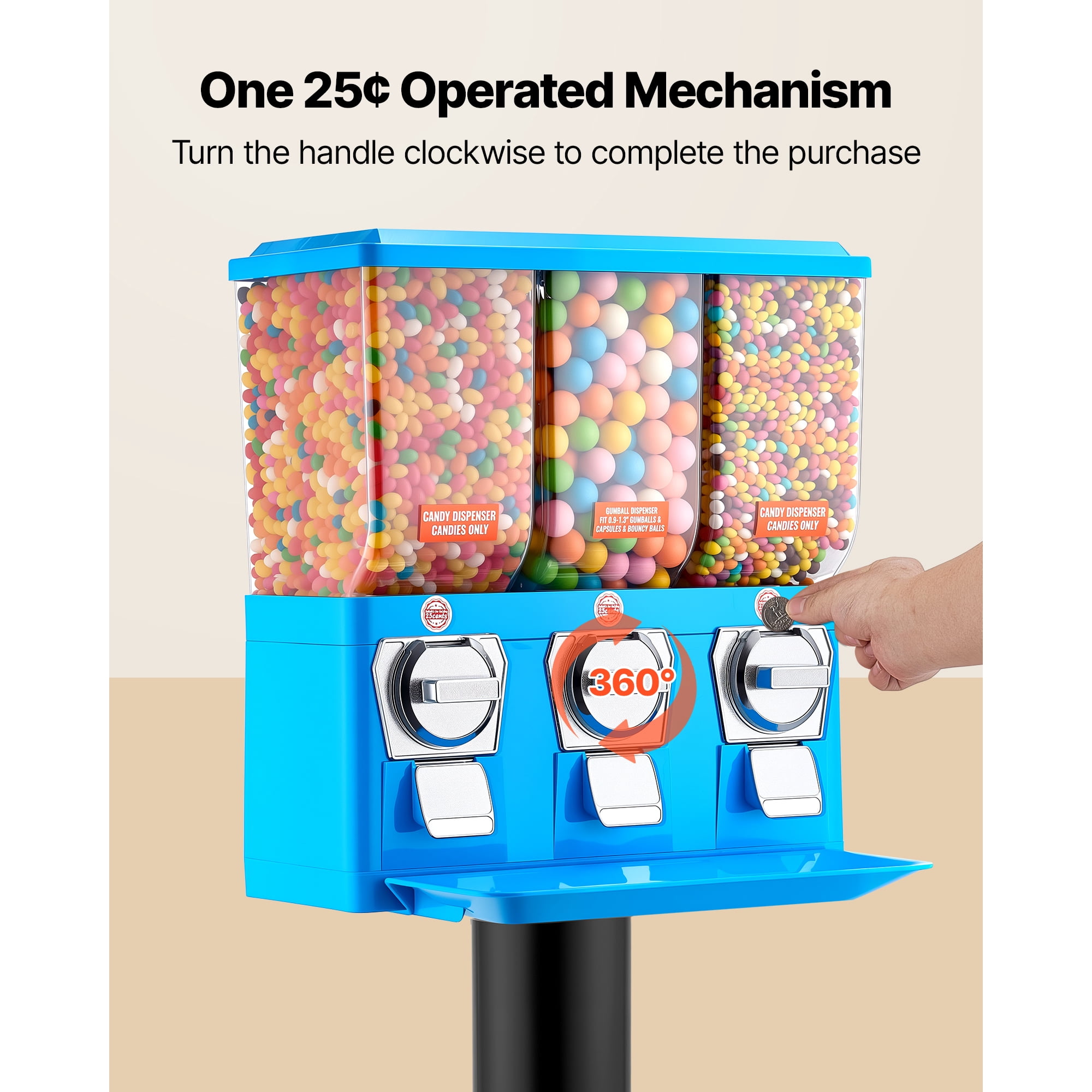 KFFKFF Triple Compartment Candy Vending Machine with Stand, Gumball and Candy Dispenser with Built-In Cash Box, Removable Design, Classic Candy Dispenser for Stores and Arcades