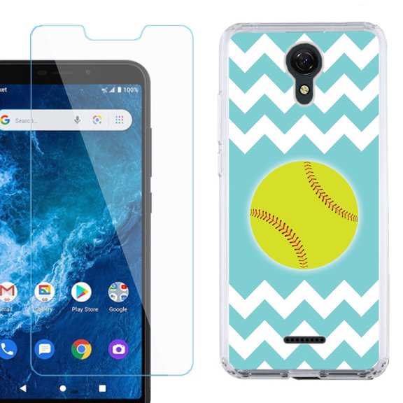 Slim-Fit Protective Phone Case compatible with Cricket Icon 2, with Tempered Glass Screen Protector, by OneToughShield ® - Chevron/Teal/Softball