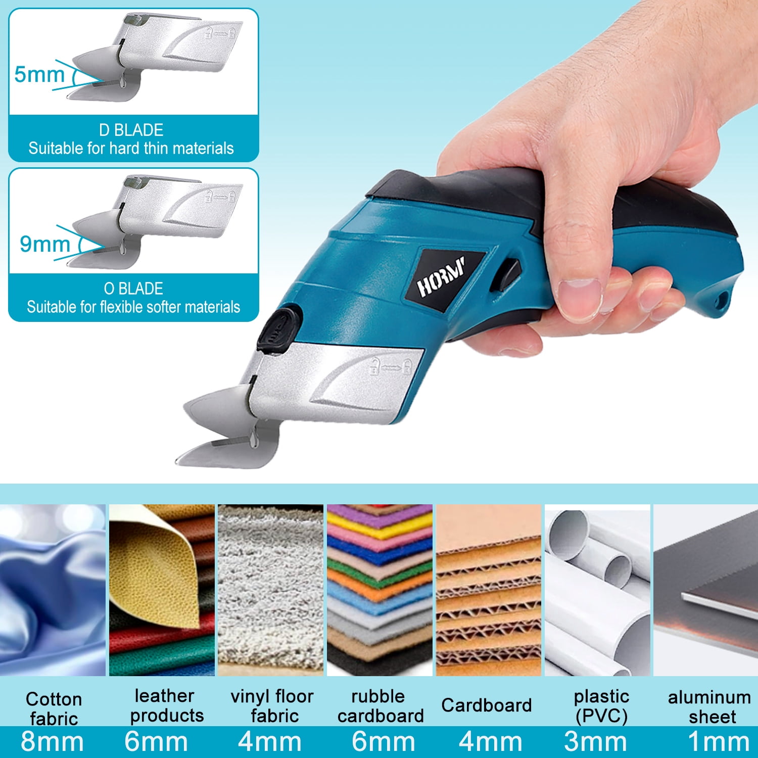 HORMY Cordless Electric Scissors with Two Blades, 3.6V Super Scissors Rechargeable with Safety Lock, for Cardboard Cutting Fabric Paper Sewing, Blue