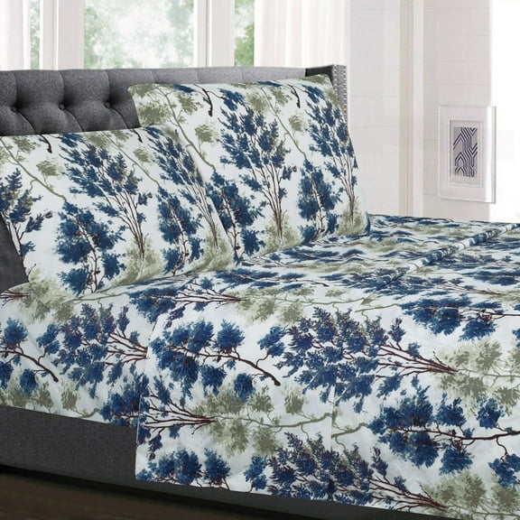Florence Blue and Green Floral 4-Piece Deep Pocket Bed Sheet Set - Twin