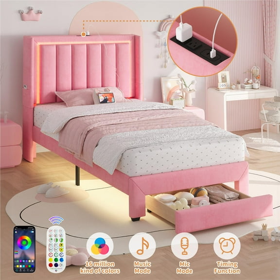 UHOMEPRO Pink Twin Upholstered Bed Frame with LED Lights & Motion Sensor Light, Wooden Storage Drawer, Charging Station, Soft Fabric Platform Bed with Headboard, Quiet & Sturdy No Noise Design
