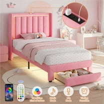 UHOMEPRO Pink Twin Upholstered Bed Frame with LED Lights & Motion Sensor Light, Wooden Storage Drawer, Charging Station, Soft Fabric Platform Bed with Headboard, Quiet & Sturdy No Noise Design