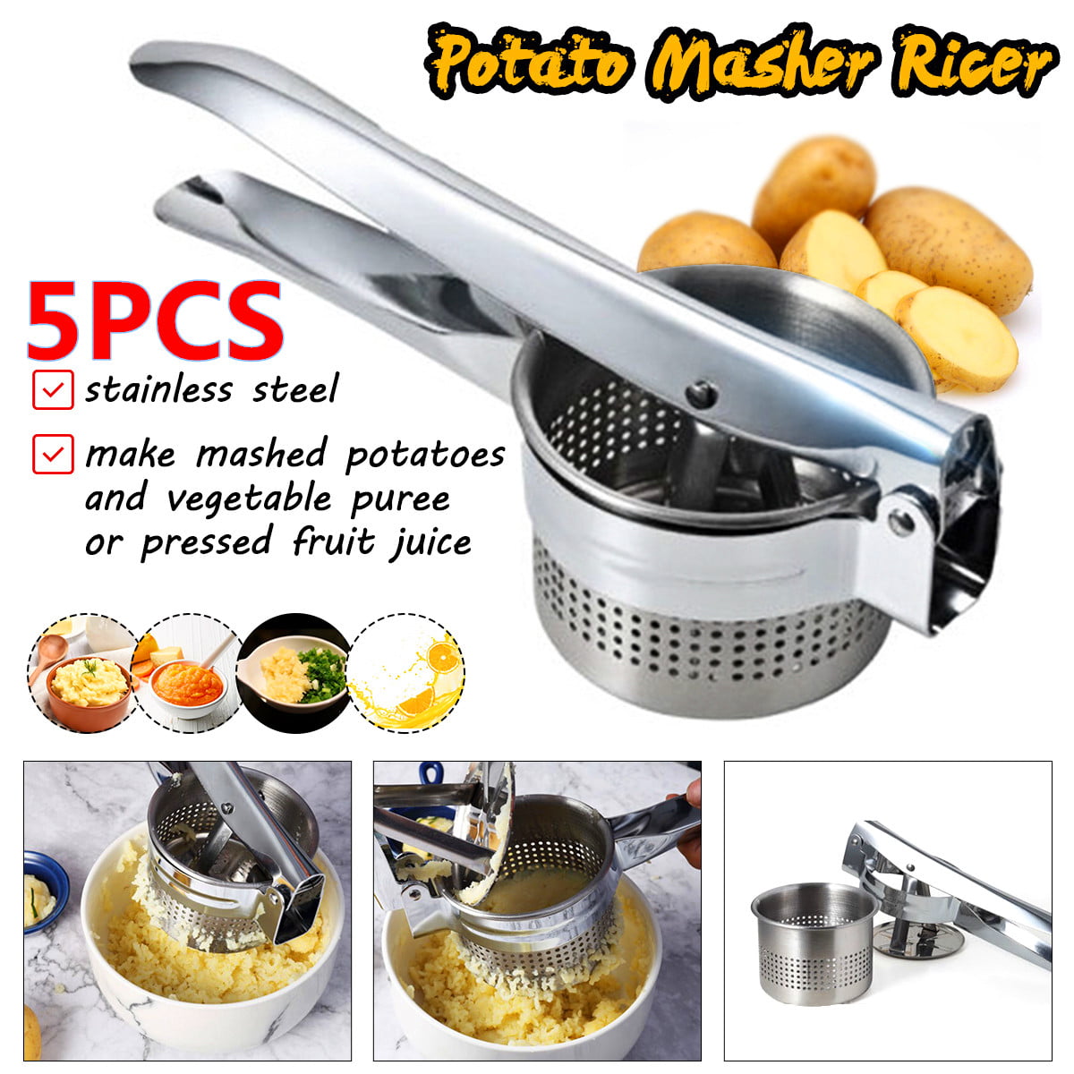 Potato Masher Stainless Steel Vegetable Mash Ricer Fruit Hand Press Kitchen Tool 