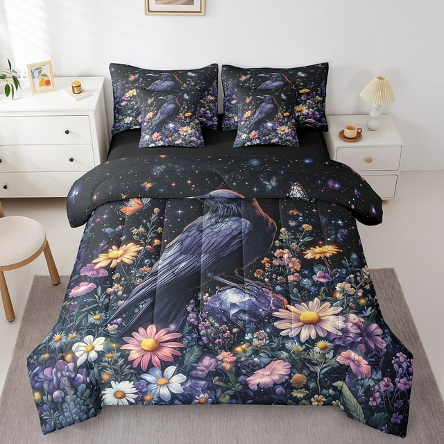 YST 7-Piece Raven Crow Black Bird Comforter Set, Full – Ultra Soft Floral Design