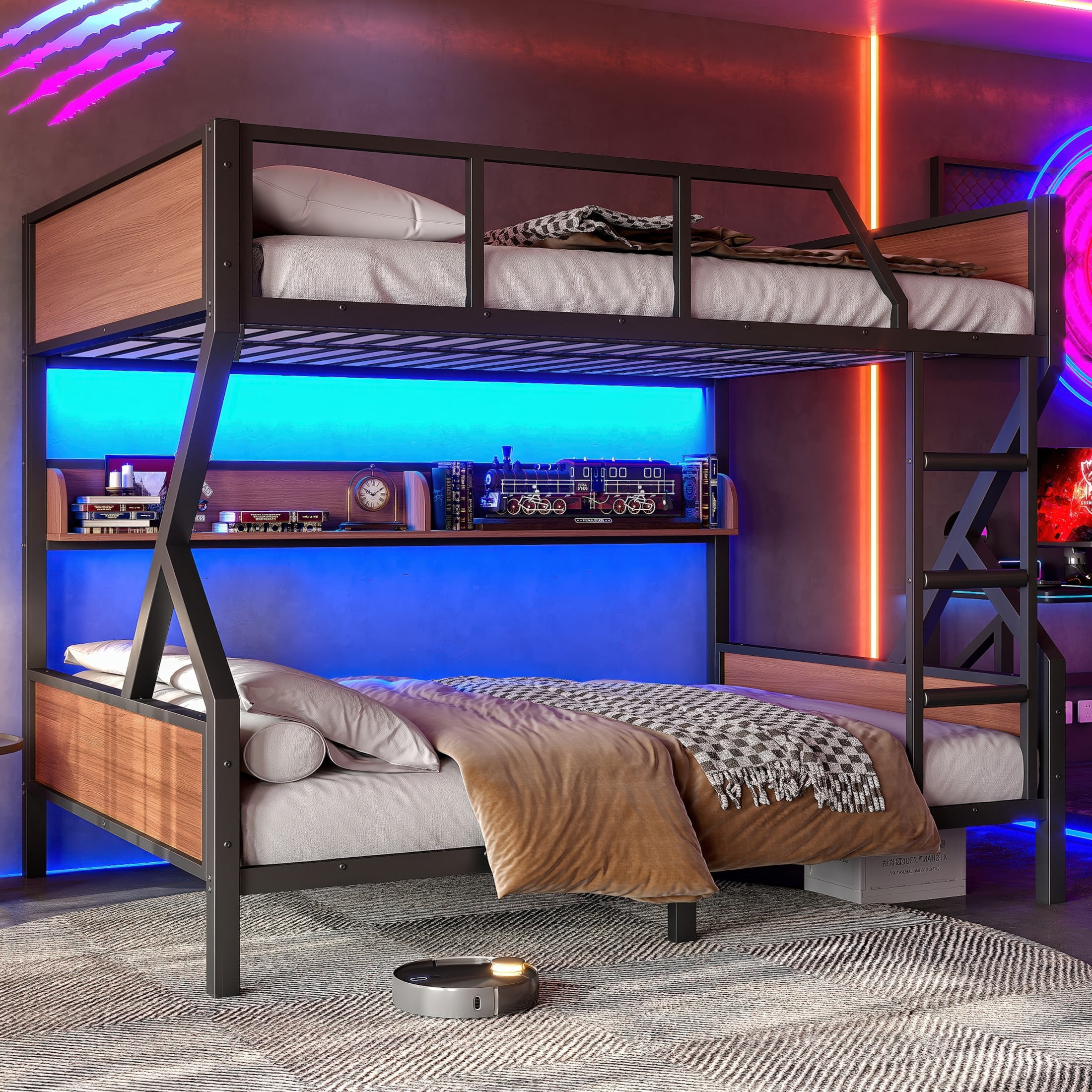 Noble House Full over Full Metal Bunk Bed with Storage Shelves and LED Lights, Black