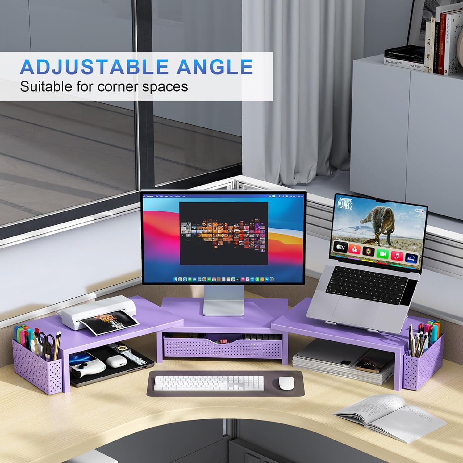 Dual Monitor Stand Riser with Organizer Drawer and Pen Holders, Purple Office Desk Accessory