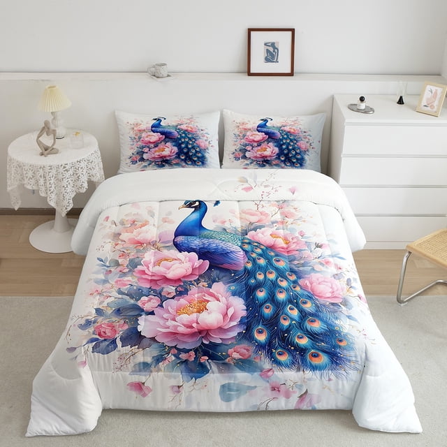 Girls Peacock Queen Comforter Set Exotic Birds Bohemian Bedding Set,Pink Flower Feather Ink Painting Down Comforter Peacock Feather Printed Bedding Set