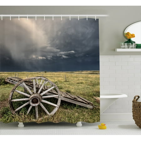 Barn Wood Wagon Wheel Shower Curtain, Cloudy Day in Village Farm Aged Vintage Cart Outdoors, Fabric Bathroom Set with Hooks, Umber Green Dark Blue, by