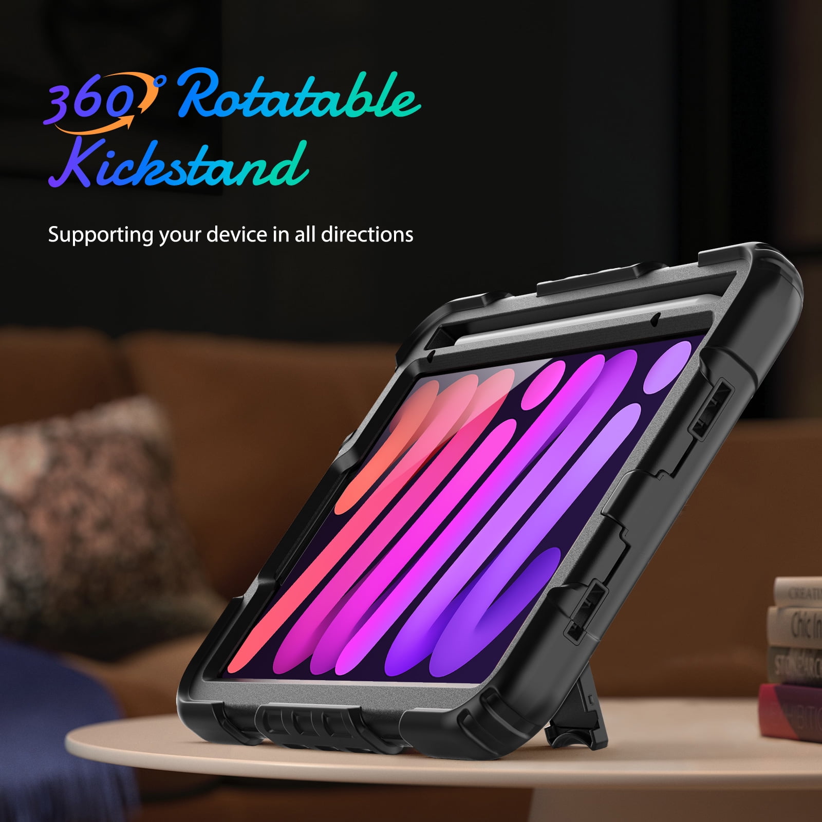Shockproof Case for Apple iPad mini 6 /7 8.3" with Build In Screen Protector, Rugged Rotating Stand Shoulder Strap Pencil Holder Kids Friendly Bumper Case for Apple iPad mini 6/ Mini 7, Black