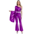 thumbnail image 3 of Jowowha Womens Metallic Shiny Flare Sleeve One Shoulder Bodysuit Hippie Bell Bottom Jazz Dance Outfit Purple XXL, 3 of 5