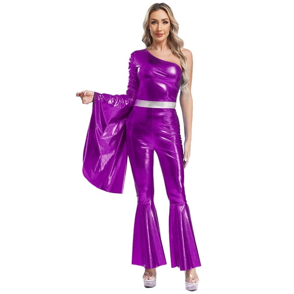 vastwit Womens 70s 80s Vintage Disco Costume Dance Bodysuit One Shoulder Stylish Bodysuit Dancewear Purple XXL