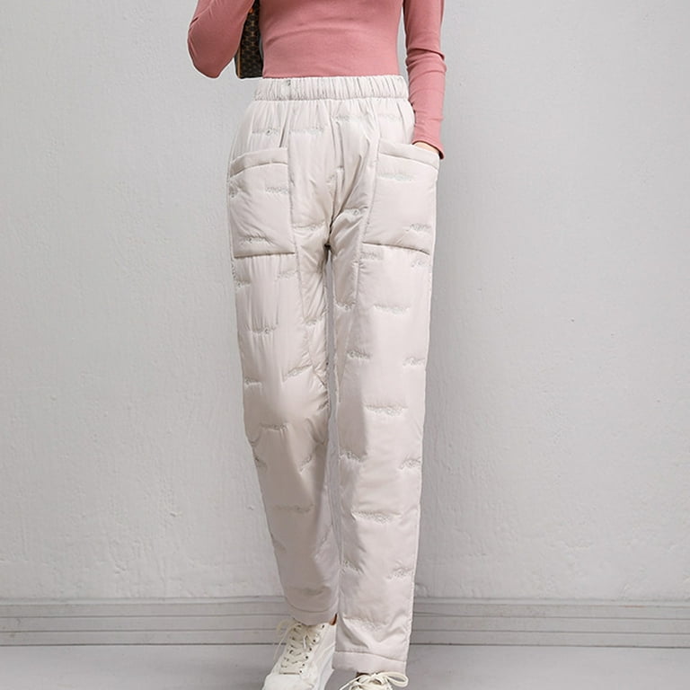 Women Winter Warm Down Cotton Pants Padded Quilted Trousers Elastic Wa