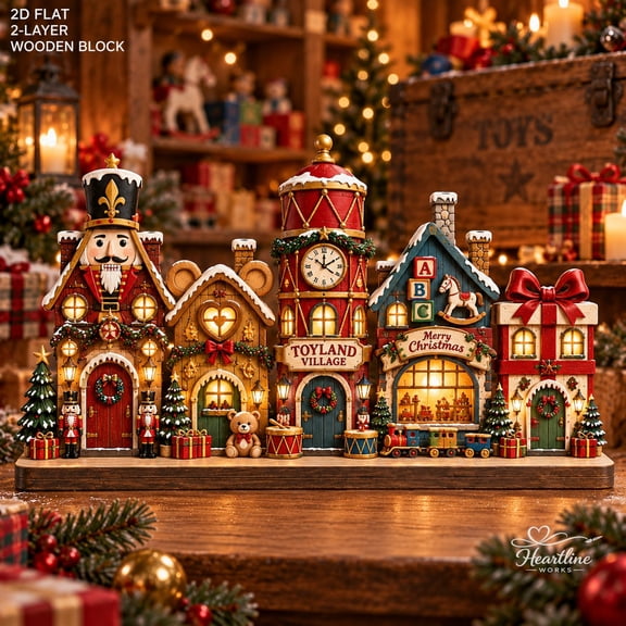 Christmas Toyland Village Wooden Block, 2-Layer Tabletop Display for Holiday Decor