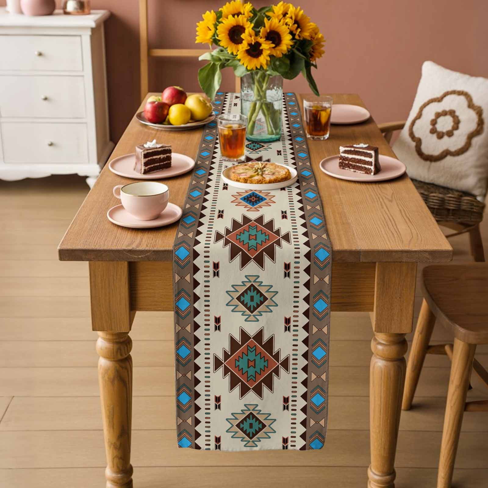 Boho Southwest Table Runner, Farmhouse Aztec Tribe Brown Blue Plaid Washable Cotton Linen Table Runners 90 Inches Long, Dresser Scarf Runner for Dining/Coffee/Kitchen/Hallway Tables 13''x90''