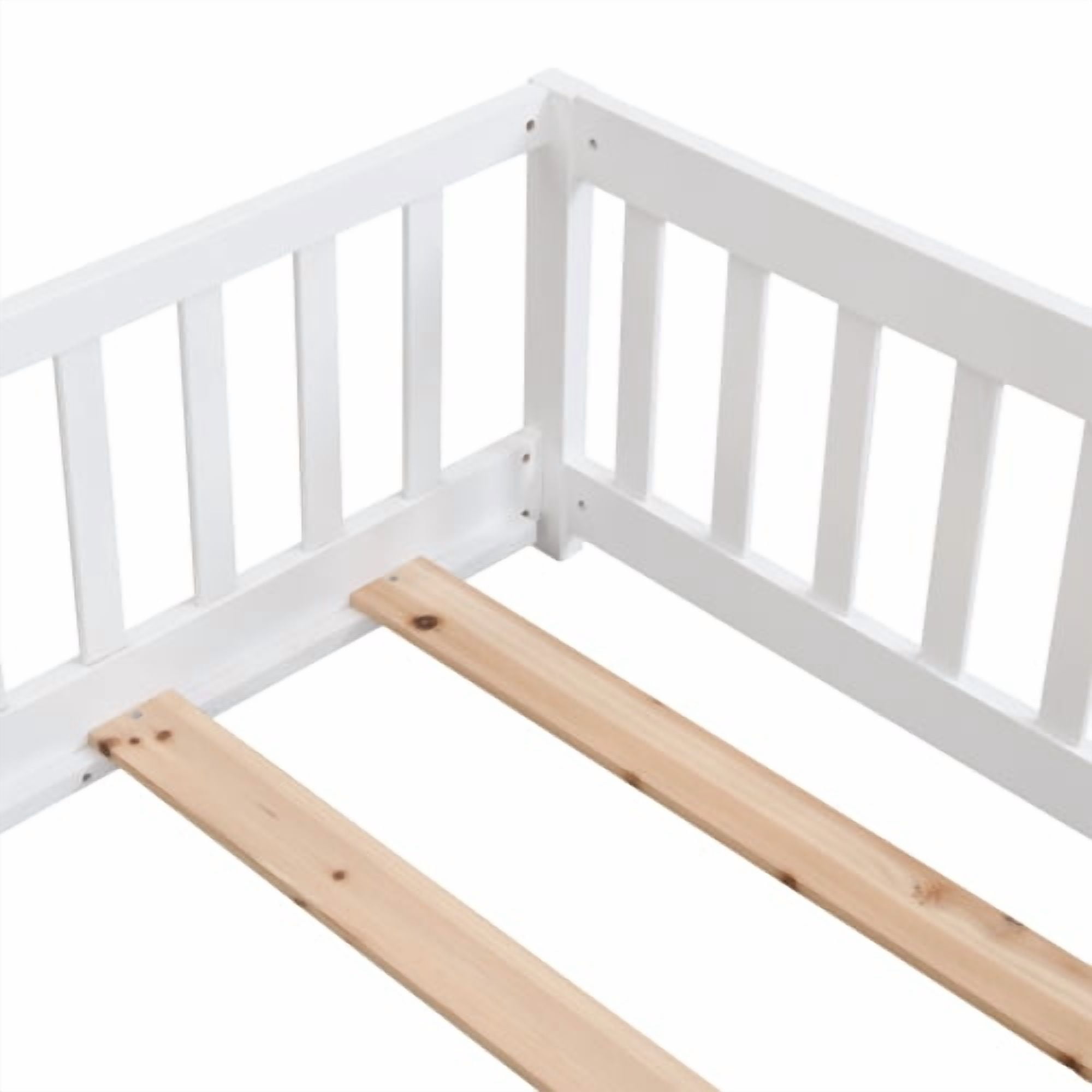 full Size Floor Bed with Door,Solid Wood Platform Bed Frame with Fence,Suitable for children,Pine Wood,White