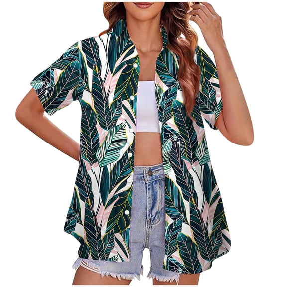 Womens Dressy Button Down Blouses Casual Business Spring Tops Short Sleeve Collared Hawaiian Graphic Print Work Shirts